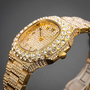 Hot Selling fashion Luxury Gold-Tone Full Diamond Encrusted <b>Watch</b> Arabic Numerals Dial Gold Steel Band Men's Hip Hop Wristwatch - Product Image 3