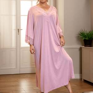 Đồ ngủ nữ ODM/OEM size lớn, chất liệu lụa sữa màu hồng, ren, thoải mái, thanh lịch, đầm ngủ ngắn tay dài, mặc nhà - Product Image 2