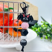 Porte-clés noir perlé en silicone avec strass, motif chauve-souris fantôme et crâne, breloque de sac pour fête d'Halloween, cadeau pour femmes et filles
