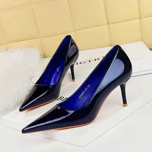 Spring Women Pump Simple Patent Leather Solid Color Mujer Zapatos Wrap-toe Shallow High Heel Pumps For Ladies Daily Career Shoes