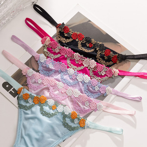 Wholesale <b>Women</b> Luxury Satin <b>Thong</b> Panties Rose Embroidery Thin Strap Low Rise T-back Ladies Underwear Intimate Lingerie OEM ODM - Product Image 3