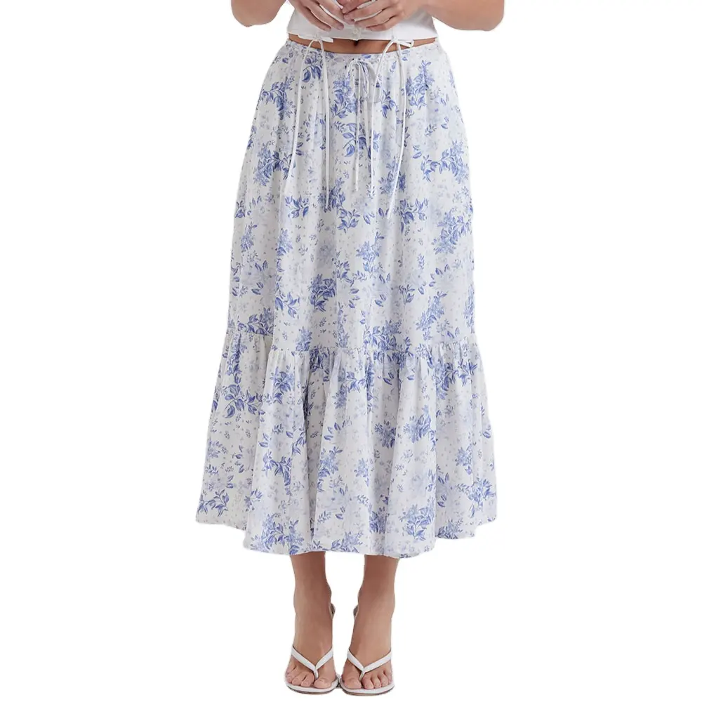 Summer Vacation Fashion Trending Women Cotton Woven Drawstring Lace Floral Printing A-line Midi Skirt Ladies