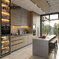 Meubles de cuisine modernes à fixation murale, îlot de 4 m, armoires de cuisine en bois brun foncé, meuble bas de cuisine avec emplacement pour micro-ondes