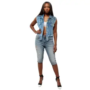 Vest grosir diskon besar kancing jatuh wanita biru gelap Denim rompi tanpa lengan Sehefashion