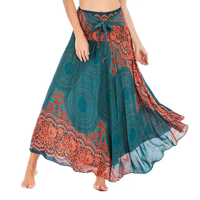 38# Women's Print Floral Long Hippie Bohemian Bandage Skirt Gypsy Boho Ladies Female Lace Up Flowers Elastic Waist Halter Skirt