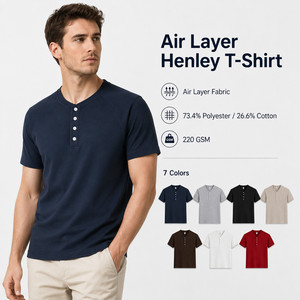 Custom Logo Air Layer Henley T-Shirt Men 4-Button Raglan Sleeve Breathable Business Casual Wholesale 7 Colors <b>Navy</b> - Product Image 1