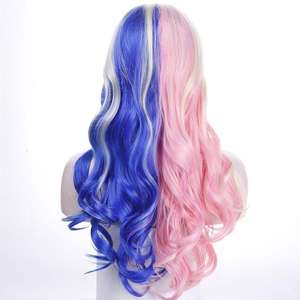 Perruque longue bouclée rose et bleue avec frange latérale, ligne de cheveux naturelle, perruque synthétique complète en fibre Kanekalon pour cosplay - Product Image 2