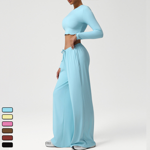 Venta al por mayor de ropa de las mujeres 2PCS Athleisure Chándales Mujeres de pierna ancha Pantalones sueltos Mujer Crop Top Conjuntos Traje Conjuntos Camiseta básica <span class=keywords><strong>Yoga</strong></span> - Product Image 4