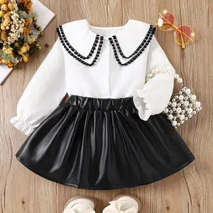 2023 British Style Suit Clothing For Kids Solid Color Lace Long-sleeved Collar Pullover Leather Skirt Two-piece Girls Garment