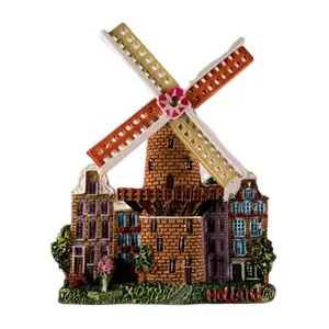 Manufacture Resin Fridge Magnet Netherlands touridt souvenir Holland Mill with Traditional Houses Blades Can Rotate