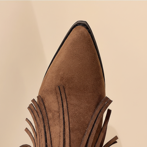 Bottines en daim de vache mi-mollet d'hiver avec talon épais, bout pointu et talon moyen (3-5 cm), style western, bottes à talon moyen - Product Image 1