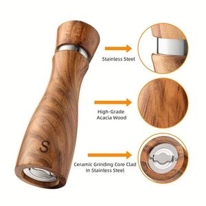 Nouveau style – Lot de 2 grands moulins à poivre de 8 pouces <span class=keywords><strong>en</strong></span> <span class=keywords><strong>bois</strong></span>, moulin à sel et à poivre avec réglage de la grosseur personnalisable - Product Image 4
