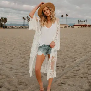 夏季薄宽松蕾丝衬衫气质沙滩比基尼上衣镂空钩花防晒衬衫中长套沙滩装
