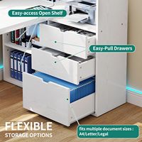 Bureau en L avec prises de courant Bureau d'ordinateur avec tiroirs et étagère, bureau à domicile avec lumières LED avec classeur