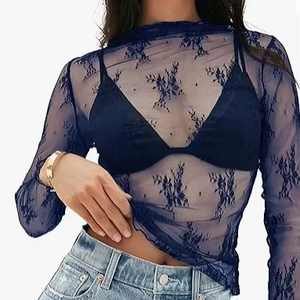 Top in Pizzo Floreale <span class=keywords><strong>Trasparente</strong></span> da <span class=keywords><strong>Donna</strong></span>, Manica Lunga, Collo Alto, Top a Strati in Rete, Maglietta Floreale Sexy <span class=keywords><strong>Trasparente</strong></span>, Blusa da Strada - Product Image 1