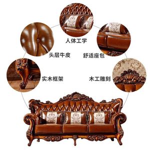 Juego de Sofás de Cuero Genuino Estilo Europeo, Cuero Vacuno de Primera Calidad, Madera Maciza Tallada, Muebles para Sala de Estar - Product Image 3