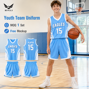 Ensemble d'uniformes de basketball personnalisés pour jeunes, respirant, sublimé, 100 % polyester, <span class=keywords><strong>maillot</strong></span> et short, logo équipe scolaire/club, MOQ 1, direct usine - Product Image 1