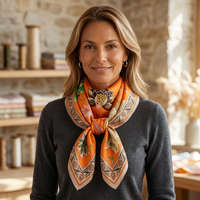 Foulard carré long en satin de soie 100% pour femme, motif floral orange vintage, collection printemps, 90x90cm, pour le cou, la tête, le hijab ou comme châle, vente en gros