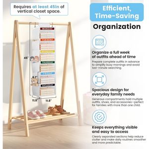 Weekly Clothes Organizer 6 Shelf Hanging Closet <b>Storage</b> For Kids With Labeled Days And Side Pockets For Outfit Planning - Product Image 2