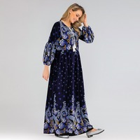 RO9200 Vêtement islamique vintage, abaya à imprimé floral, col à nouer avec pompon, manches longues lanternes, robe maxi pour femmes modestes, tenue de soirée