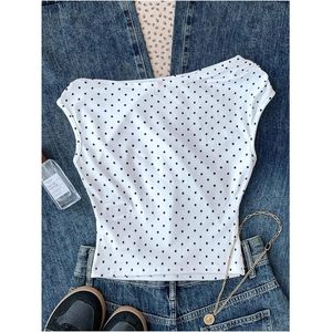 FOXA Crop top à pois pour fille, épaules dénudées, sans manches, froncé, respirant, style Y2k - Product Image 2
