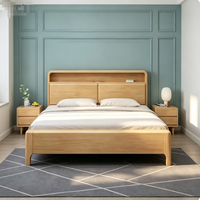 Cadre de lit moderne en chêne massif avec éclairage LED et port de charge USB, tête de lit avec rangement et dossier rigide, lit double pour chambre à coucher, vente en gros