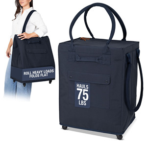Sac de courses réutilisable en polyester léger, pliable, à roulettes, avec logo personnalisé OEM, géométrique, vente en gros, expédition immédiate - Product Image 1