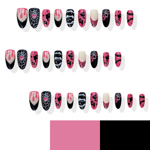 Uñas Postizas de Halloween, Color Rosa y Negro, con Diseño de Fantasma, Murciélago y Araña, Forma Almendrada, para Fiestas y Salones de Belleza - Product Image 2