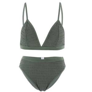 Bikini triangle smocké personnalisé vert olive, maillot de bain taille haute pour femme, deux pièces, fabricant OEM - Product Image 5