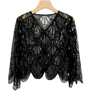 Da donna manica 3/4 <span class=keywords><strong>nero</strong></span> rosso argento paillettes maglia Bolero elegante <span class=keywords><strong>pizzo</strong></span> per festa <span class=keywords><strong>di</strong></span> nozze mantello e <span class=keywords><strong>scialle</strong></span> da ballo per adulti