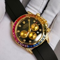 Montre automatique chronographe en acier inoxydable sertie de diamants, or luxueux