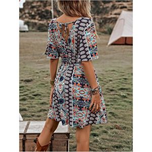 Women's Vintage Western <b>Boho</b> Floral Print V-Neck A-Line Natural Waist Leisure Breathable <b>Summer</b> Casual Mini <b>Dress</b> - Product Image 3