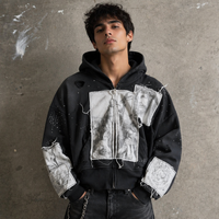 Hoodie Pria 100% Katun Boxy Heavyweight Oversized Vintage Washed dengan Cetakan Grafis Distressed Patchwork Streetwear dan Ritsleting