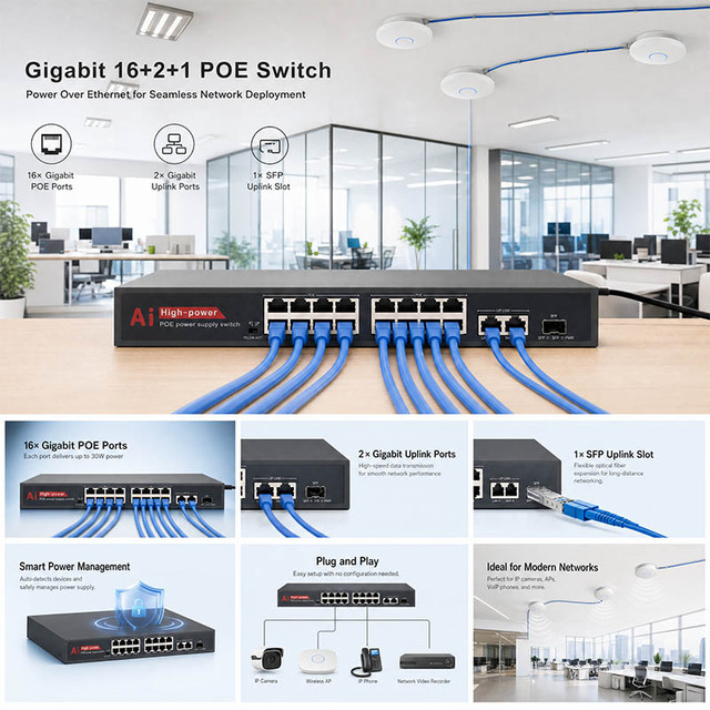 Poe Switch 48 Gigabit 802.3af/at PoE Switch 16 Ports Fanless 300W 2*10/100/1000Mbps Uplink for CCTV Security IP Camera System