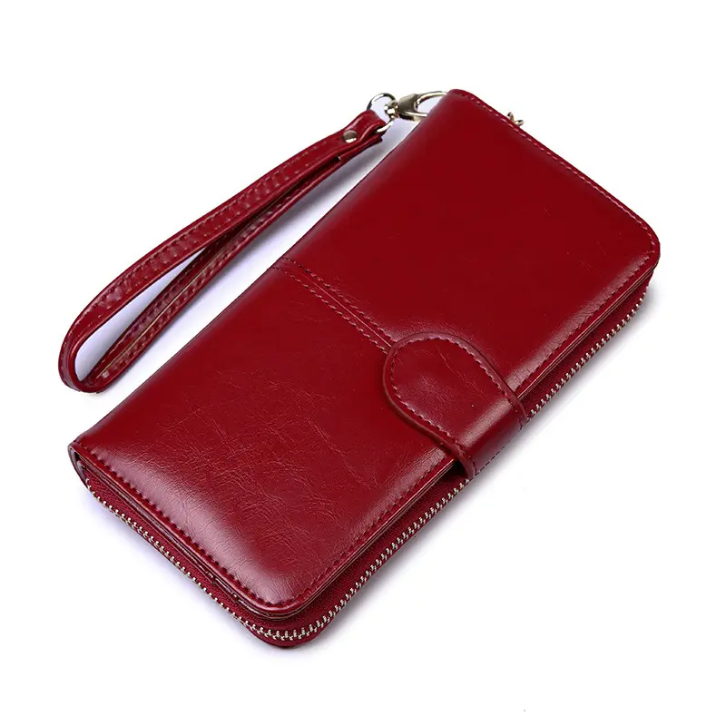 New ladies young leisure long wallet wax leather retro large capacity leather long wallet