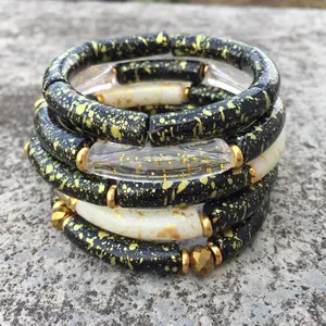 Summer New Vintage Transparent Gold Foil Black Retro Spots Bracelet Acrylic Bamboo Tube Beads Large Bracelet Bangles