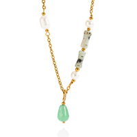 Collier Pendentif en Pierre pour Femme, Perle Dorée, Goutte de Bambou Naturel, Chaîne Câble Bohème Colorée, Bijoux Hypoallergéniques et Étanche