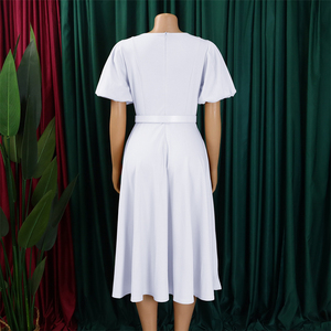 New Arrival Fasion Elegant O-neck Puff Sleeve A-Line <strong>Bridesmaid</strong> Summer Women Ladies Midi African Work Formal <strong>Plus</strong> <strong>Size</strong> <strong>Dresses</strong> - Product Image 4