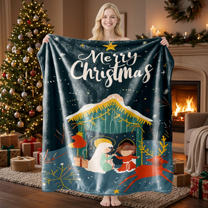 Merry Christmas Plush Throw <b>Blanket</b> With Nativity Scene Print Rectangular Cozy Home Decor Winter Use - Product Image 1