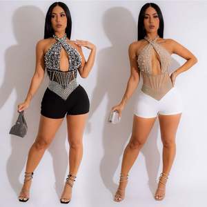 Mono corto de lujo de marca famosa con bordado de diseñador, de malla con cuentas de burbujas, sin mangas, para fiesta, club y moda femenina. - Product Image 2