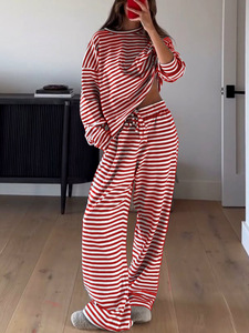 Conjunto de Pantalones de Punto a Rayas de 2 Piezas para Mujer, Marca Privada, Casual, Manga Larga, Corte Holgado, Transpirable, Poliéster, Ropa de Estar por Casa para Otoño - Product Image 6