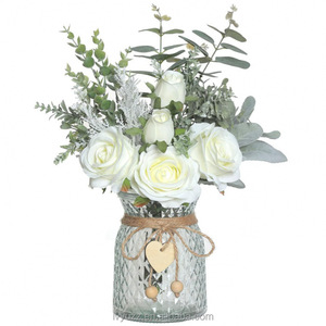 Livraison rapide, fleurs artificielles de haute qualité, 5 têtes de roses en soie faites à la main, <span class=keywords><strong>eucalyptus</strong></span>, vase en verre, bouquet de fleurs de mariage - Product Image 6