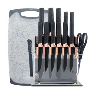 15PCS En Acier Inoxydable Non-Bâton Revêtement Bloc Couteau De Cuisine Set Avec En Plastique Planche à Découper Cuisine Ciseaux Pour La Cuisine À L'aide