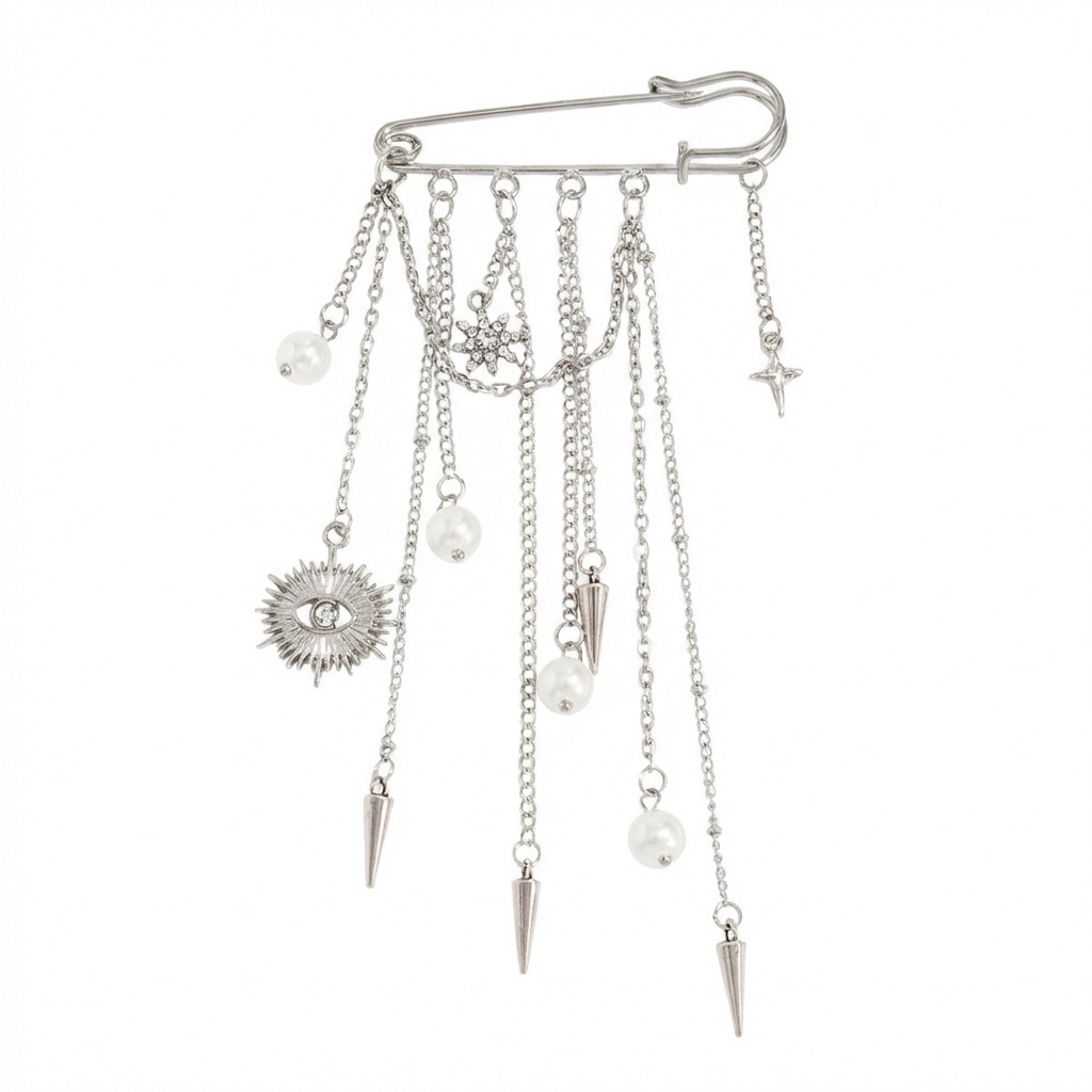 Broche de cadena de plata con colgantes de perlas y ojos