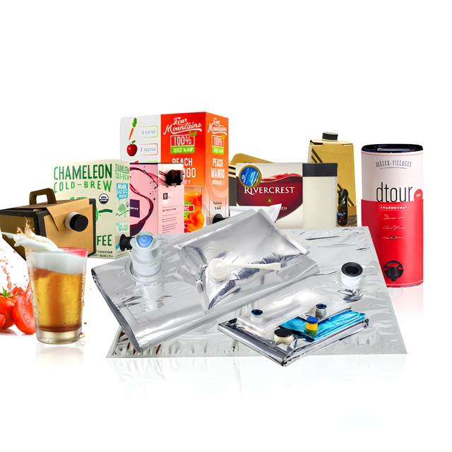 Custom Logo Beverage Packaging Set, High Barrier Aseptic Bib Pouch with Tap Spout Outer Gift Box for Wine, Fruit Syrup & Juice