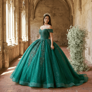 Lsany218 Robe de bal pour fille, style moderne, avec appliques, taille naturelle, pour Sweet 16 et Quinceañera, prix usine émeraude - Product Image 1