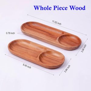 Plateau de service en bois d'acacia avec 2 compartiments, assiettes en bois naturel pour boissons, collations, plateau décoratif pour café et thé avec encoche pour tasse - Product Image 6