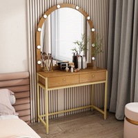 Coiffeuse de luxe en bois avec miroir lumineux arqué, 2 tiroirs de rangement, cadre en fer doré pour dressing, salon, studio