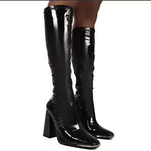 Q101024 kış açık deri PU uzun Boot ayakkabı yüksek diz yumuşak deri düz topuklu bayan kare ayak fritöz çizme yüksek çizmeler