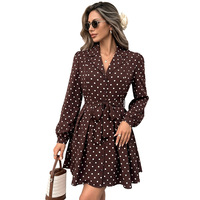 Robe chemise chic vintage tissée TikTok transfrontalière 2026, nouvelle jupe courte à lacets cintrée à pois pour femme